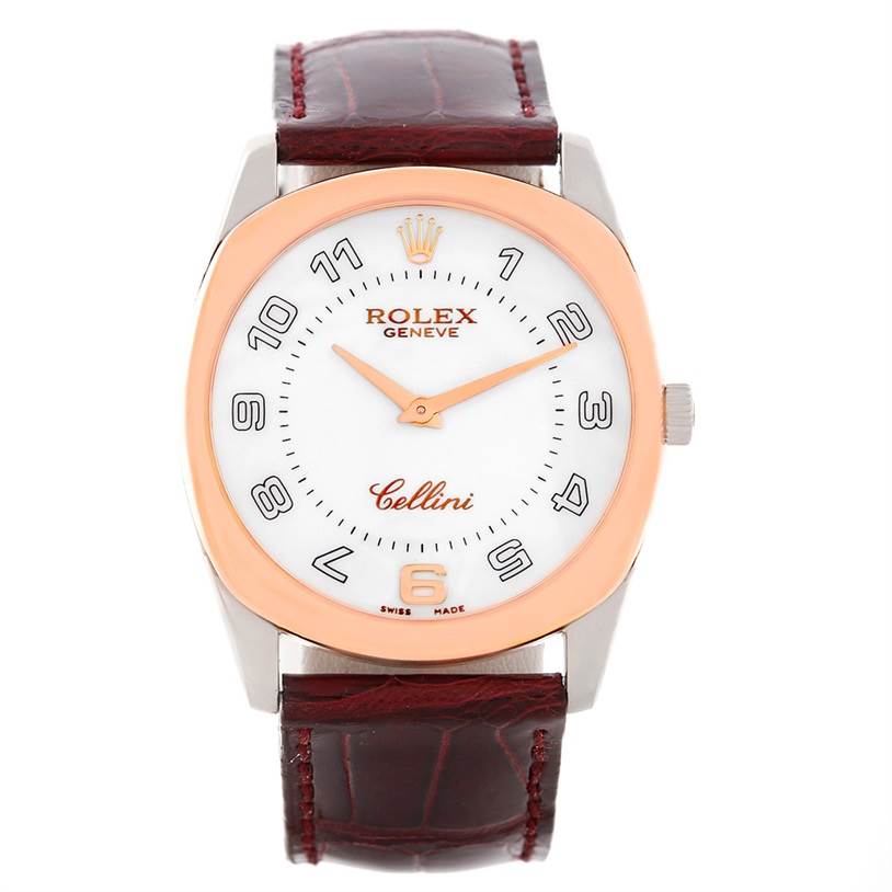 The image shows a front view of the Rolex Cellini 4233 Men's White Gold White Dial 4233 Men's White Gold White Dial watch, highlighting the dial, bezel, crown, and leather strap.