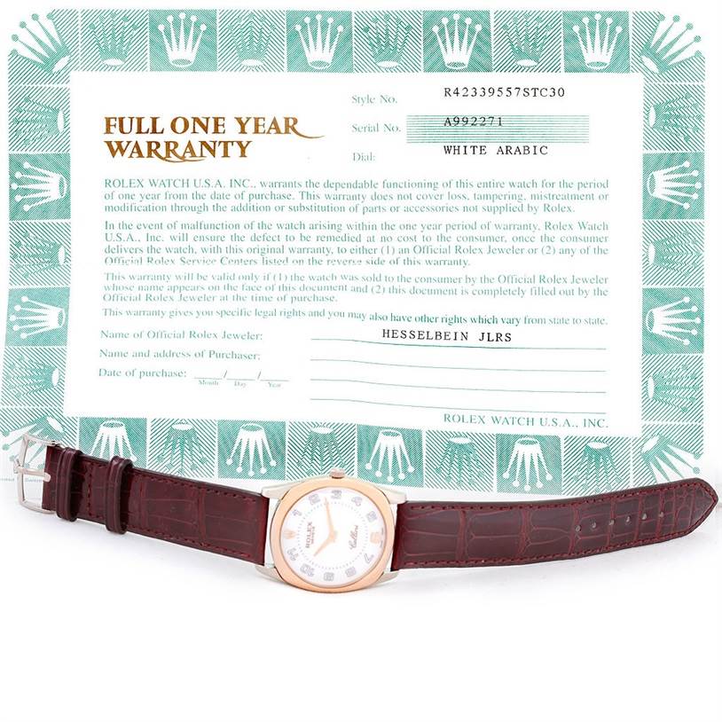 The image shows a Rolex Cellini 4233 Men's White Gold White Dial 4233 Men's White Gold White Dial watch laid flat, with a full one-year warranty certificate in the background.