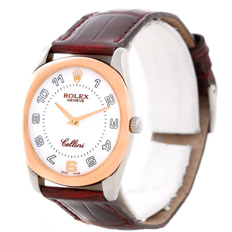 This image shows a front angle of a Rolex Cellini 4233 Men's White Gold White Dial 4233 Men's White Gold White Dial watch with a close-up of the dial, crown, and leather strap.