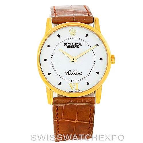 The image shows a front view of a Rolex Cellini 5116 Men's Yellow Gold Silver Dial 5116 Men's Yellow Gold Silver Dial watch with a golden case, white dial, and brown leather strap.