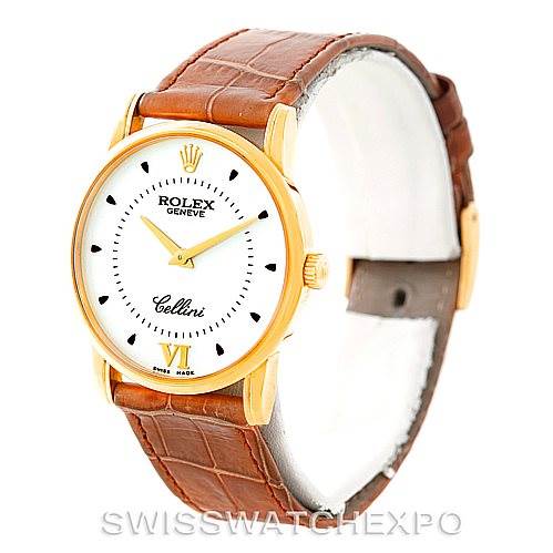 The image shows a frontal and slightly angled view of a Rolex Cellini 5116 Men's Yellow Gold Silver Dial 5116 Men's Yellow Gold Silver Dial watch, featuring a gold case, white dial, and brown leather strap.