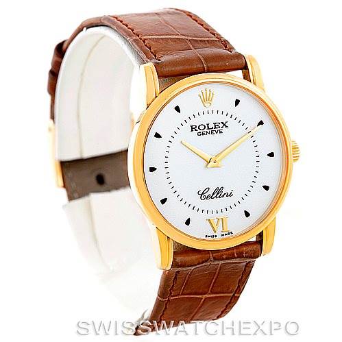 The image shows a Rolex Cellini 5116 Men's Yellow Gold Silver Dial 5116 Men's Yellow Gold Silver Dial watch at an angle highlighting the dial, case, and brown leather strap.