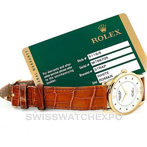 The image shows a Rolex Cellini 5116 Men's Yellow Gold Silver Dial 5116 Men's Yellow Gold Silver Dial watch with a brown leather strap, partially viewed from the side, along with its warranty card.