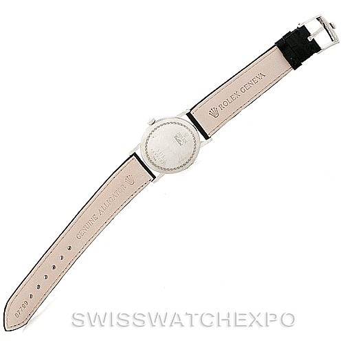 This image shows the back view of a Rolex Cellini 5115 Men's White Gold Black Dial 5115 Men's White Gold Black Dial watch, highlighting the back case and leather strap with branding.