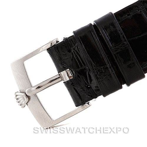 This image shows the buckle and black leather strap of a Rolex Cellini 5115 Men's White Gold Black Dial 5115 Men's White Gold Black Dial watch at a close-up angle.