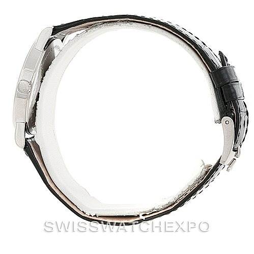 The image shows a side view of the Rolex Cellini 5115 Men's White Gold Black Dial 5115 Men's White Gold Black Dial watch, highlighting its case, crown, and leather strap with a buckle.