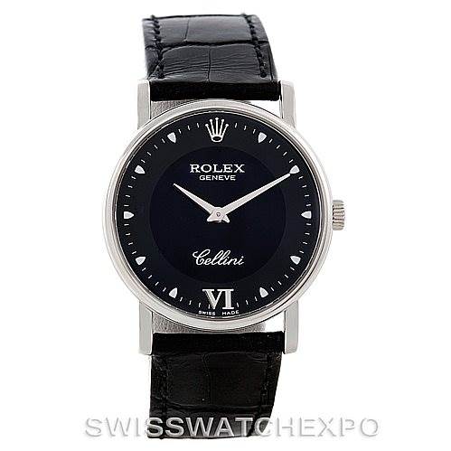 The image shows a front view of the Rolex Cellini 5115 Men's White Gold Black Dial 5115 Men's White Gold Black Dial watch, highlighting the dial, crown, and leather strap.