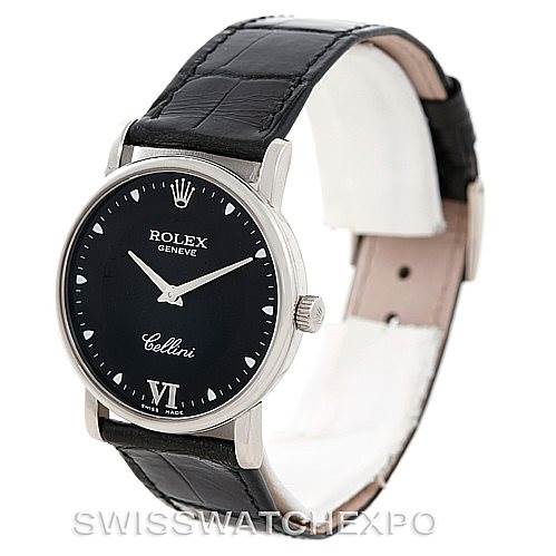 This image shows a Rolex Cellini 5115 Men's White Gold Black Dial 5115 Men's White Gold Black Dial watch at a slight angle, highlighting the black dial, silver case, and black leather strap.