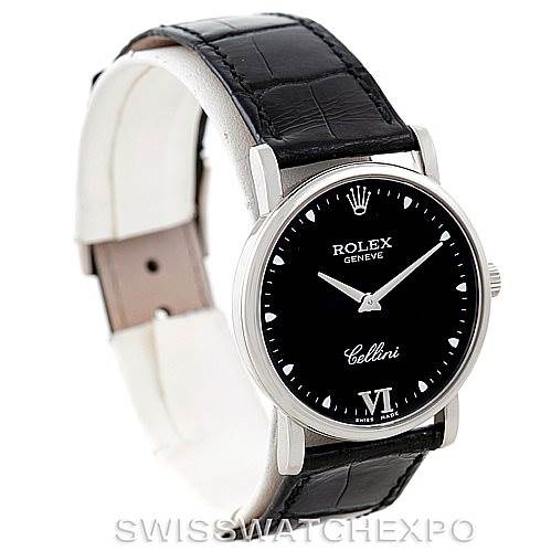 The image shows a Rolex Cellini 5115 Men's White Gold Black Dial 5115 Men's White Gold Black Dial watch at a three-quarter angle, highlighting its black leather strap, black dial, and silver case.