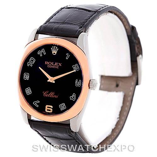 The image shows a Rolex Cellini 4233 Men's White Gold Black Dial 4233 Men's White Gold Black Dial watch, displaying the face, bezel, crown, and black leather strap at a slight side angle.