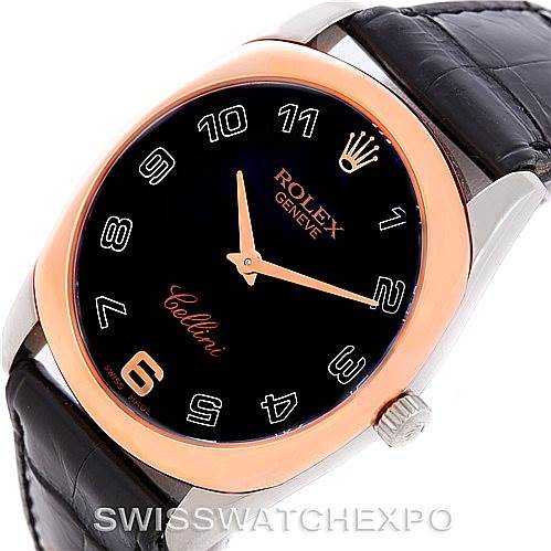 The image shows a close-up of the Rolex Cellini 4233 Men's White Gold Black Dial 4233 Men's White Gold Black Dial watch, highlighting the black dial, rose gold case, and leather strap.