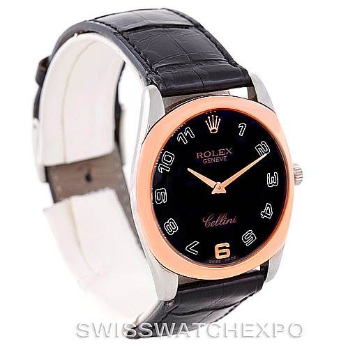 This image shows a Rolex Cellini 4233 Men's White Gold Black Dial 4233 Men's White Gold Black Dial watch displaying the face, bezel, crown, and leather strap from an angled side view.