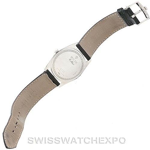 The image shows the back view of a Rolex Cellini 4233 Men's White Gold Black Dial 4233 Men's White Gold Black Dial watch, highlighting the case back and the leather strap.