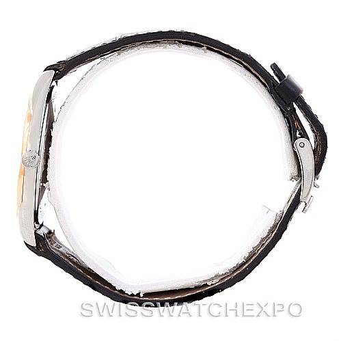 The image shows a Rolex Cellini 4233 Men's White Gold Black Dial 4233 Men's White Gold Black Dial watch from a side angle, highlighting its strap and clasp.