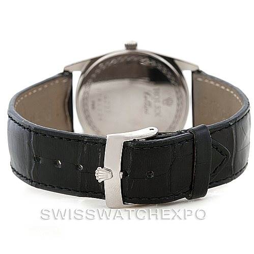 This image shows the back view of a Rolex Cellini 4233 Men's White Gold Black Dial 4233 Men's White Gold Black Dial watch, focusing on the clasp and black leather strap.