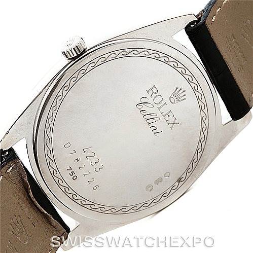 The image shows the back case of a Rolex Cellini 4233 Men's White Gold Black Dial 4233 Men's White Gold Black Dial watch, highlighting the engraved details and strap.