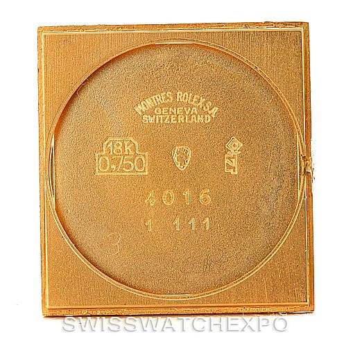 This image shows the inner case back of a Rolex Cellini 4016 Men's Yellow Gold White Dial 4016 Men's Yellow Gold White Dial model with engravings and hallmarks.