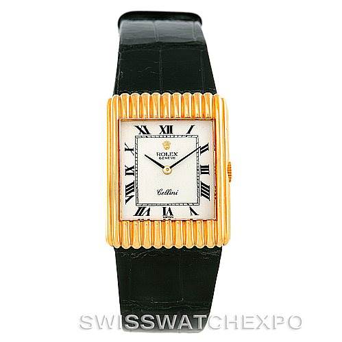 The image shows a Rolex Cellini 4016 Men's Yellow Gold White Dial 4016 Men's Yellow Gold White Dial watch, featuring a rectangular gold case, white dial with Roman numerals, and a black leather strap.