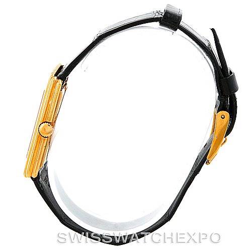 The image shows a side profile of the Rolex Cellini 4016 Men's Yellow Gold White Dial 4016 Men's Yellow Gold White Dial watch, highlighting the case, crown, and black leather strap.