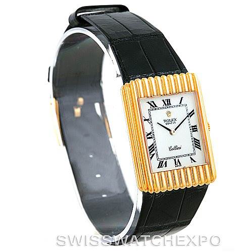 The image shows a side-angle view of a Rolex Cellini 4016 Men's Yellow Gold White Dial 4016 Men's Yellow Gold White Dial watch, displaying its rectangular face, black leather strap, and gold reeded bezel.