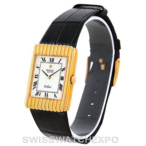 This image shows a Rolex Cellini 4016 Men's Yellow Gold White Dial 4016 Men's Yellow Gold White Dial watch viewed from a front angle, highlighting its rectangular gold case and black leather strap.