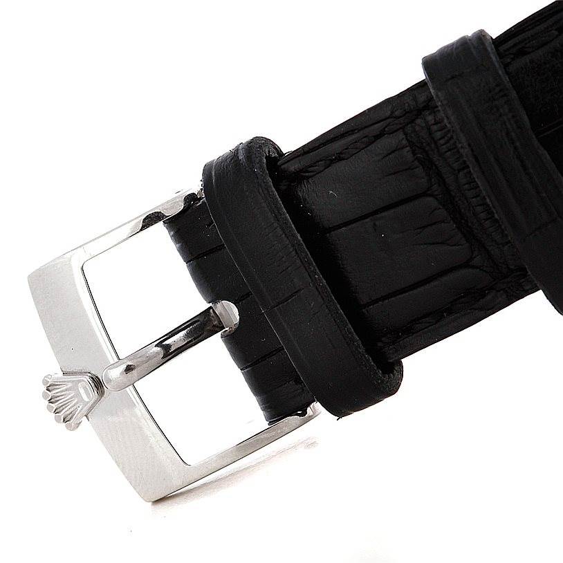 This close-up angle shows the buckle and strap of a Rolex Cellini 5240 Men's Platinum Mother of Pearl Dial 5240 Men's Platinum Mother of Pearl Dial watch.