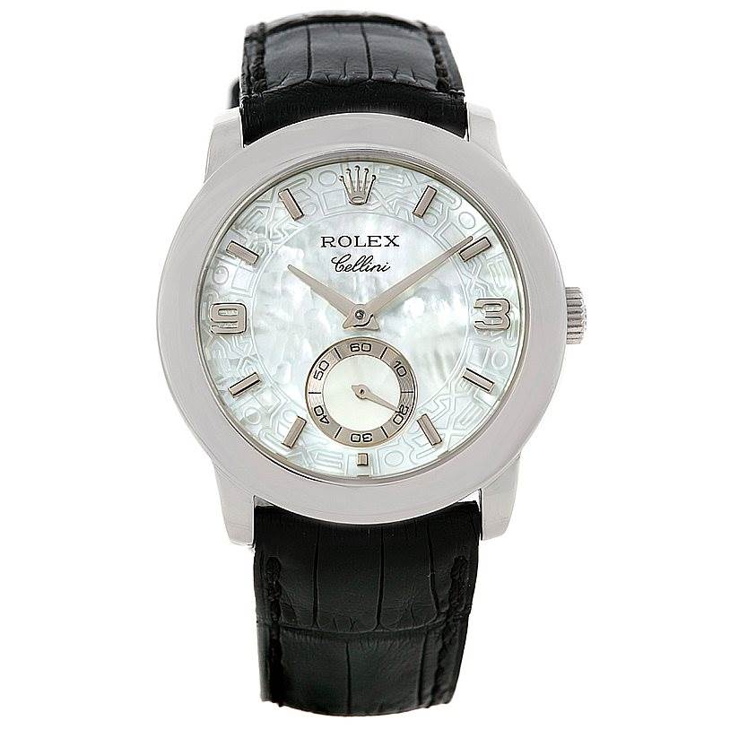 This image shows a front view of a Rolex Cellini 5240 Men's Platinum Mother of Pearl Dial 5240 Men's Platinum Mother of Pearl Dial watch, displaying the dial, bezel, and leather strap.