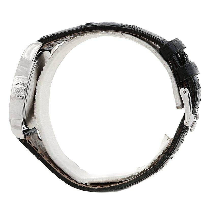 The image shows a side view of the Rolex Cellini 5240 Men's Platinum Mother of Pearl Dial 5240 Men's Platinum Mother of Pearl Dial watch highlighting its crown, bezel, and leather strap.