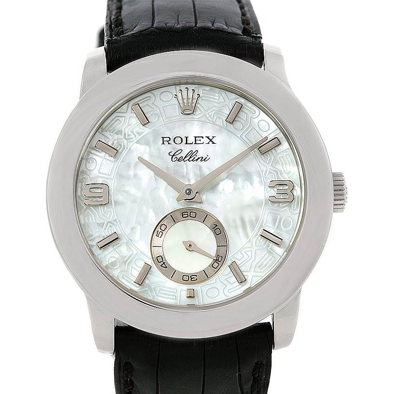 This image shows a front view of a Rolex Cellini 5240 Men's Platinum Mother of Pearl Dial 5240 Men's Platinum Mother of Pearl Dial watch, highlighting its dial, hands, crown, and leather strap.