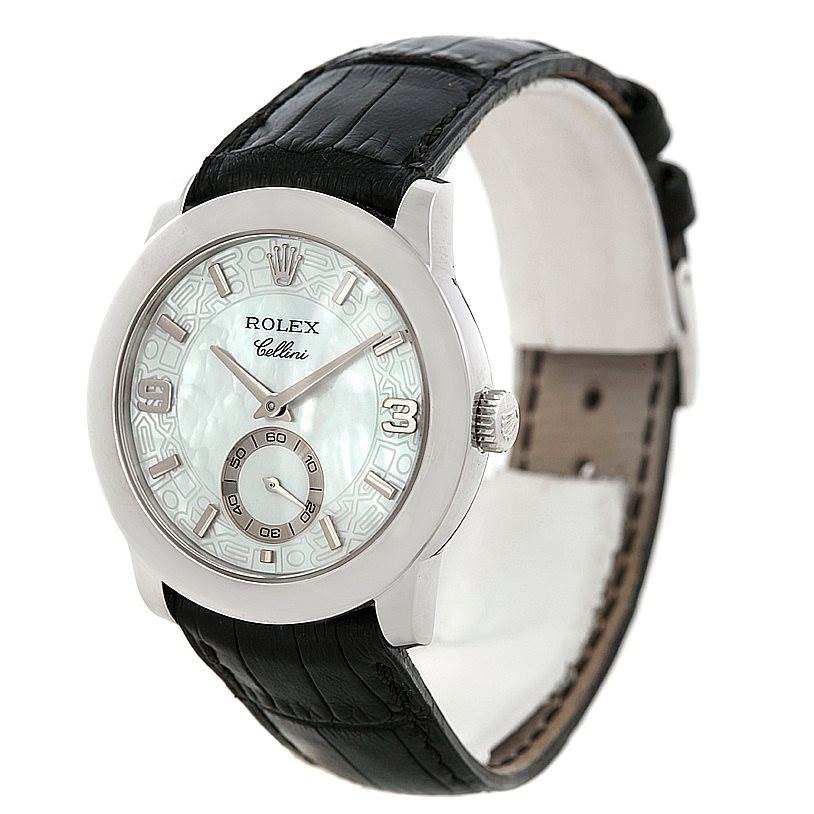 The Rolex Cellini 5240 Men's Platinum Mother of Pearl Dial 5240 Men's Platinum Mother of Pearl Dial watch is shown at a three-quarter angle, displaying its face, case, crown, and leather strap.