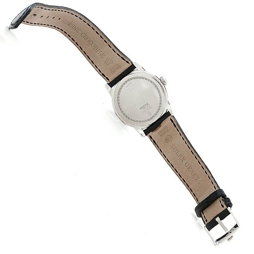 The image shows the back case and leather strap of a Rolex Cellini 5240 Men's Platinum Mother of Pearl Dial 5240 Men's Platinum Mother of Pearl Dial watch, viewed from the underside.