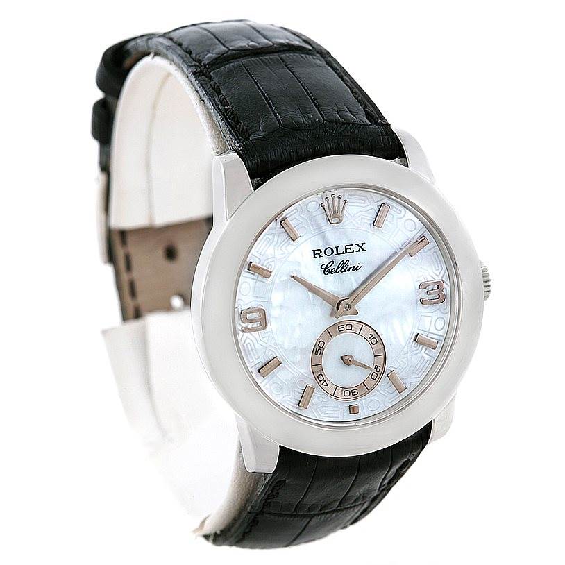 The Rolex Cellini 5240 Men's Platinum Mother of Pearl Dial 5240 Men's Platinum Mother of Pearl Dial watch is shown at an angle, displaying the face, bezel, and black leather strap.