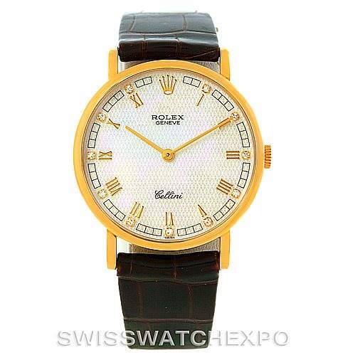 This image shows a front view of a Rolex Cellini 5112 Men's Yellow Gold Mother of Pearl Dial 5112 Men's Yellow Gold Mother of Pearl Dial watch with a gold case, white textured dial, and a black leather strap.