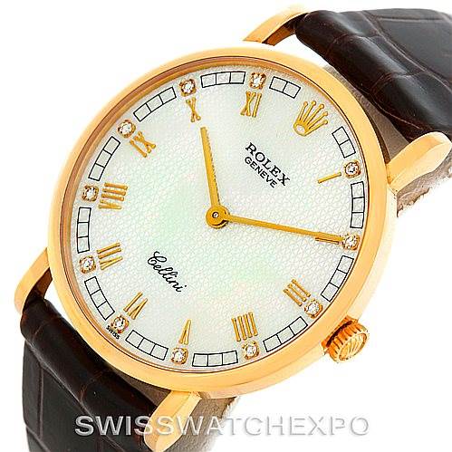 This image shows a front-facing view of the Rolex Cellini 5112 Men's Yellow Gold Mother of Pearl Dial 5112 Men's Yellow Gold Mother of Pearl Dial watch, highlighting its dial, gold case, golden markers, and leather strap.