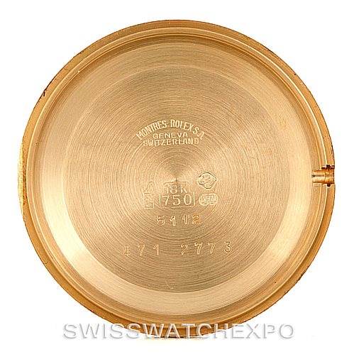 The image shows the inside of the case back for the Rolex Cellini 5112 Men's Yellow Gold Mother of Pearl Dial 5112 Men's Yellow Gold Mother of Pearl Dial watch model.