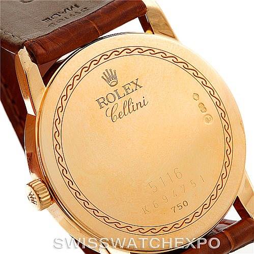 The image shows the back of a Rolex Cellini 5116 Men's Yellow Gold Champagne Dial 5116 Men's Yellow Gold Champagne Dial watch, highlighting its golden case, model number, and engraved "Rolex Cellini 5116 Men's Yellow Gold Champagne Dial 5116 Men's Yellow Gold Champagne Dial" branding.