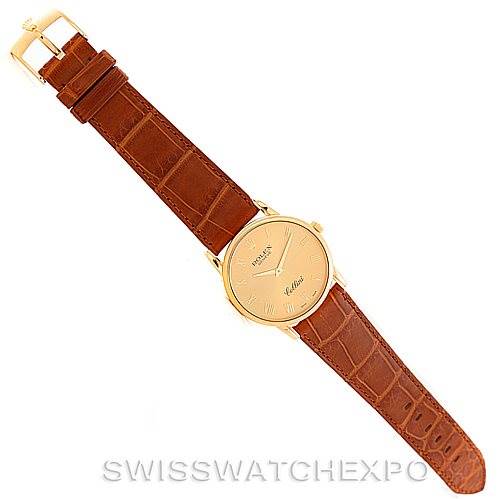 The image shows a top-down view of a Rolex Cellini 5116 Men's Yellow Gold Champagne Dial 5116 Men's Yellow Gold Champagne Dial watch with a brown leather strap and a gold-tone case.