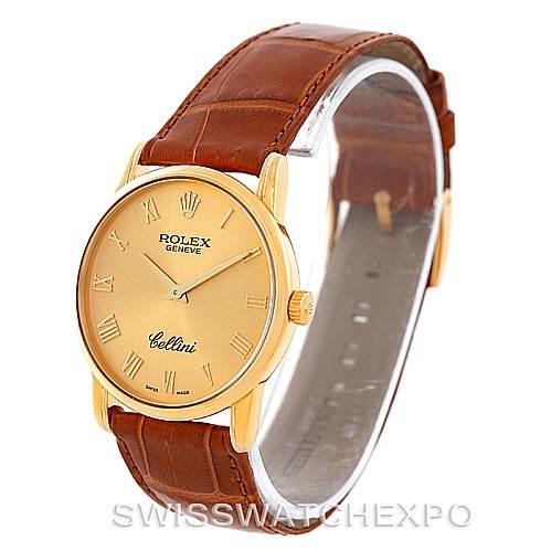 The image shows a Rolex Cellini 5116 Men's Yellow Gold Champagne Dial 5116 Men's Yellow Gold Champagne Dial watch at a slight side angle, displaying the gold case, brown leather strap, and gold dial with Roman numerals.