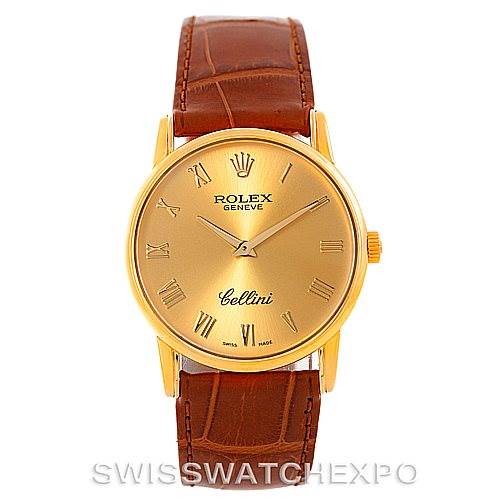 This image shows a frontal view of a Rolex Cellini 5116 Men's Yellow Gold Champagne Dial 5116 Men's Yellow Gold Champagne Dial watch, highlighting its gold case, Roman numeral markers, and brown leather strap.