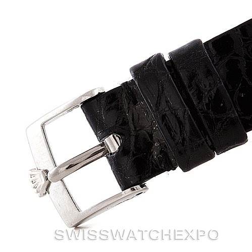 The image shows a close-up angle of the black leather strap and buckle of a Rolex Cellini 4133 Men's White Gold White Dial 4133 Men's White Gold White Dial watch.