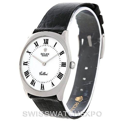 The Rolex Cellini 4133 Men's White Gold White Dial 4133 Men's White Gold White Dial watch is shown at a front angle, displaying its face, bezel, crown, and black leather strap.