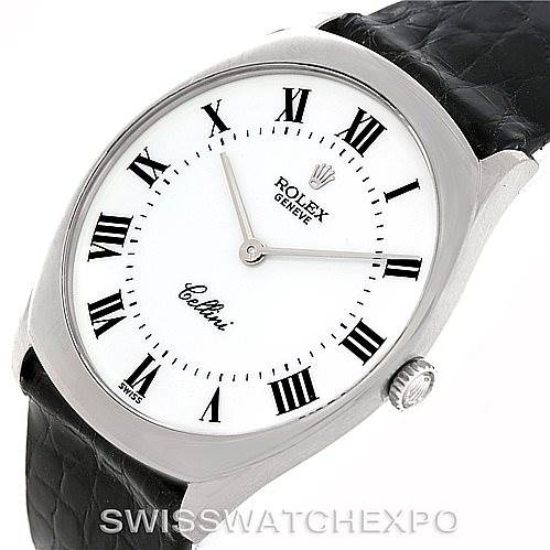 The image shows a front angle view of the Rolex Cellini 4133 Men's White Gold White Dial 4133 Men's White Gold White Dial watch, highlighting the dial, hands, case, and strap.
