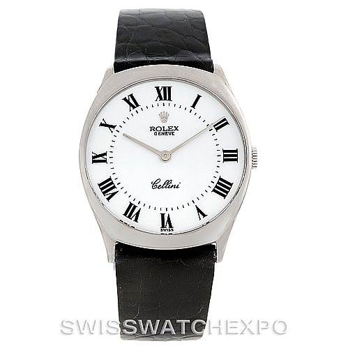 The image shows a front view of a Rolex Cellini 4133 Men's White Gold White Dial 4133 Men's White Gold White Dial watch with a white dial, black Roman numerals, and a black leather strap.