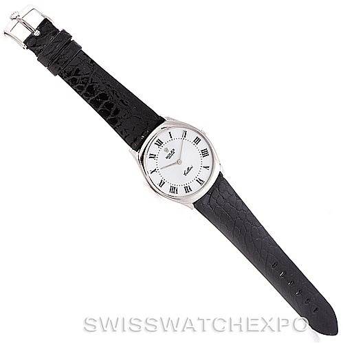 This Rolex Cellini 4133 Men's White Gold White Dial 4133 Men's White Gold White Dial watch is shown from above, displaying the entire face, strap, and buckle.