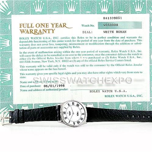 The image shows a Rolex Cellini 4133 Men's White Gold White Dial 4133 Men's White Gold White Dial watch laid flat, accompanied by a full one-year warranty document.