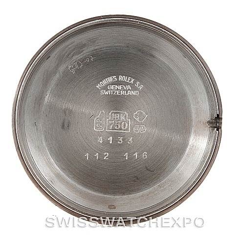 This image shows the inner case back of a Rolex Cellini 4133 Men's White Gold White Dial 4133 Men's White Gold White Dial watch, featuring engravings and manufacturing details.