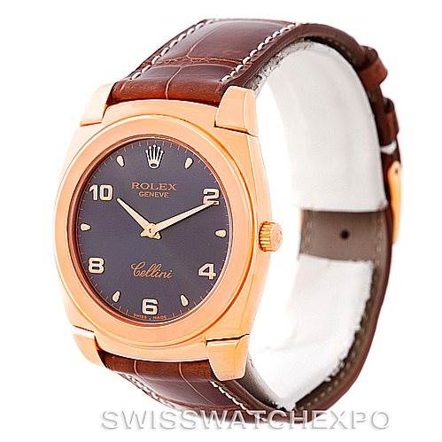 The image shows a front and right-side view of a Rolex Cellini 5330 Men's Rose Gold Grey Dial 5330 Men's Rose Gold Grey Dial watch, highlighting the brown dial, gold case, and brown leather strap.