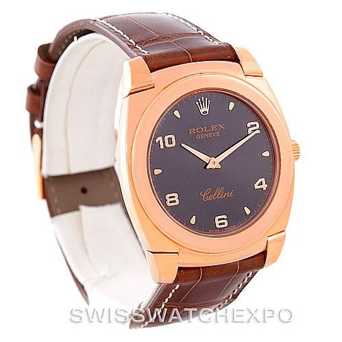 The image shows a Rolex Cellini 5330 Men's Rose Gold Grey Dial 5330 Men's Rose Gold Grey Dial watch at a slight angle, featuring its brown leather strap, rose gold case, and black dial with gold markers.