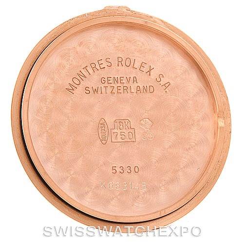 The image shows the inner case back of a Rolex Cellini 5330 Men's Rose Gold Grey Dial 5330 Men's Rose Gold Grey Dial watch, viewed from the inside.