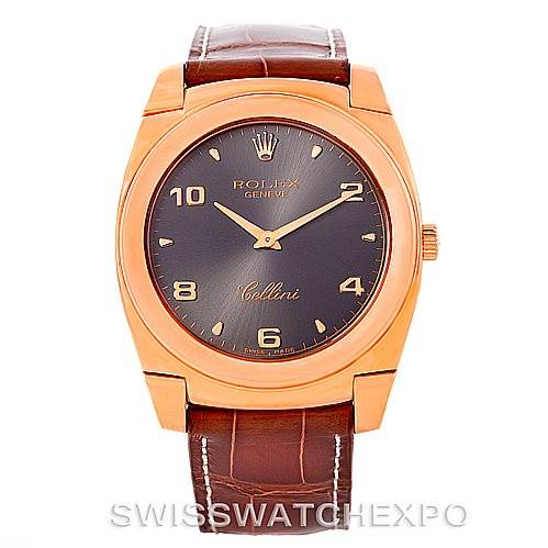 The image shows a front view of a Rolex Cellini 5330 Men's Rose Gold Grey Dial 5330 Men's Rose Gold Grey Dial watch, highlighting the dial, hands, case, and brown leather strap.